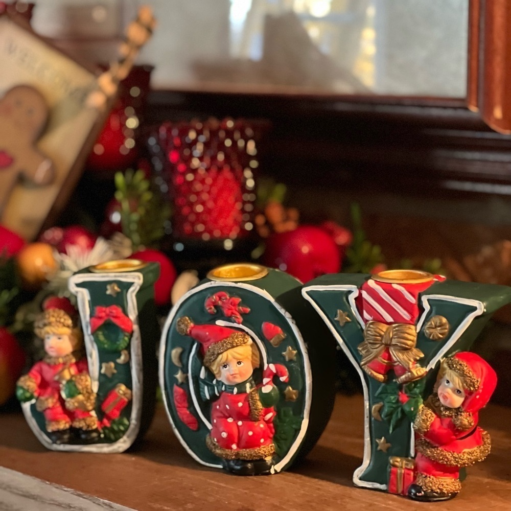 Rare Vintage 3 Pc. Hand painted Christmas Joy Candy Cane Candleholders